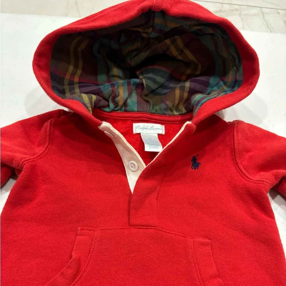 Ralph Lauren Red Holiday Baby Fleece Onesie Plaid Hoodie, 6 Months